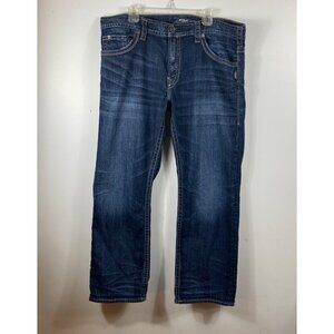 Mens Silver Zac Wide Leg Jeans 40‎ x 32 Blue Cotton Elastane Distressed Hem